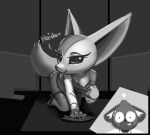  &lt;3 &lt;3_eyes 2021 absurd_res aggressive_retsuko all_fours anthro breasts canid canine clothed clothing dialogue duo female female_focus fennec fenneko flashing fox front_view greyscale haida hi_res hyaenid male mammal monochrome nipples one_breast_out partially_clothed sanrio solo_focus spot_color teabro teasing text tongue tongue_out 