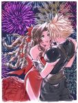  1boy 1girl aerith_gainsborough armor back_bow baggy_pants bangs belt blonde_hair bow brown_hair cloud_strife couple dress final_fantasy final_fantasy_vii final_fantasy_vii_remake fireworks flamenco_dress flower gloves green_eyes hair_flower hair_ornament hair_ribbon hand_on_another&#039;s_arm hands_on_another&#039;s_chest highres kivavis long_dress long_hair multiple_belts open_mouth pants parted_bangs ponytail red_dress ribbon ringlets shoulder_armor sidelocks sleeveless sleeveless_turtleneck smile spiked_hair strapless strapless_dress suspenders teeth turtleneck upper_body upper_teeth 