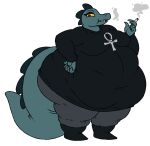  anthro bea_santello black_clothing black_shirt black_topwear blue_body bottomwear cigarette clothed clothing crocodilian female female/female fiz_(artist) grey_bottomwear grey_clothing grey_pants hand_on_hip hi_res holding_cigarette holding_object night_in_the_woods overweight overweight_anthro overweight_female pants reptile scalie sharp_teeth shirt smoking solo standing teeth topwear video_games yellow_eyes 