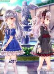  2girls bare_shoulders black_dress blue_dress blue_sky blurry blurry_background bow character_request cloud commentary_request day depth_of_field dress feet_out_of_frame fountain frilled_dress frilled_hairband frills fujima_takuya grey_hair hairband isekai_ni_tobasaretara_papa_ni_nattandaga leg_garter long_hair long_sleeves looking_at_viewer looking_to_the_side multiple_girls off-shoulder_dress off_shoulder orurea_(isepapa) outdoors parted_lips profile puffy_short_sleeves puffy_sleeves red_bow red_eyes red_hairband short_sleeves sky socks statue thighhighs two_side_up very_long_hair white_legwear 