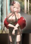 1girl absurdres azur_lane bangle bangs bare_shoulders between_breasts blonde_hair blurry blurry_background bracelet breasts brown_dress brown_eyes brown_legwear cleavage collarbone commentary cowboy_shot dress eyebrows_visible_through_hair feather_boa hair_between_eyes hair_ornament highres jewelry large_breasts looking_at_viewer multicolored_hair parted_lips pelvic_curtain ring roon_(azur_lane) roon_(muse)_(azur_lane) short_hair sidelocks skindentation smile solo streaked_hair thighhighs thighs tnr_(horiko1525) two-tone_hair 