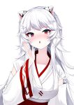  1girl ahr_tato animal_ears bangs blush breasts cho_hoya detached_sleeves hand_up highres japanese_clothes kimono large_breasts long_hair long_sleeves looking_at_viewer open_mouth plumverse red_eyes simple_background solo tiger_ears tiger_girl upper_body virtual_youtuber white_background white_hair white_kimono wide_sleeves 