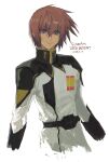  1boy brown_hair character_name copyright_name gundam gundam_seed gundam_seed_destiny highres jacket kira_yamato looking_at_viewer male_focus military military_uniform purple_eyes she_(morianosu) sketch smile solo uniform white_background white_jacket 