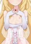  1girl amagi_brilliant_park blonde_hair blush breasts breasts_out cross cross_necklace elbow_gloves gloves head_out_of_frame highres jewelry latifa_fleuranza long_hair morisobo necklace nipples no_bra simple_background smile solo very_long_hair white_background 