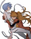  2girls ayanami_rei bandages bangs bare_shoulders blue_eyes blue_hair bodysuit breasts brown_hair closed_mouth clothes_writing feet_out_of_frame floating floating_hair from_side frown gloves hair_between_eyes highres hug interface_headset kgeroua long_hair looking_at_viewer looking_away looking_to_the_side medium_breasts multiple_girls neon_genesis_evangelion orange_hair pilot_suit plugsuit red_bodysuit red_eyes red_gloves short_hair simple_background sleeveless sleeveless_bodysuit souryuu_asuka_langley two_side_up very_long_hair white_bodysuit 