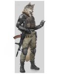  absurd_res anthro assault_rifle boots canid canine canis clothed clothing footwear gloves gun handwear headphones hi_res knee_pads male mammal military pipe_bomb plantigrade ranged_weapon rifle simple_background solo standing weapon white_background wolf yoshi.kaoru 