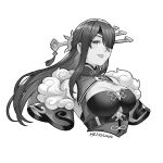  1girl beidou_(genshin_impact) breasts cleavage cleavage_cutout clothing_cutout detached_sleeves dress eyepatch floating_hair fur_trim genshin_impact greyscale hair_behind_ear hair_over_one_eye long_hair looking_at_viewer medium_breasts meziosaur monochrome one_eye_covered parted_lips solo upper_body 