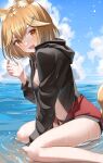  1girl :d absurdres animal_ear_fluff animal_ears bare_legs black_jacket blonde_hair blue_sky borrowed_character breasts cloud commentary_request day hair_ornament hairclip highres jacket legs looking_at_viewer medium_breasts ningen_mame ocean open_mouth orange_eyes original outdoors short_hair sitting sky smile solo swimsuit tail thighs wet 