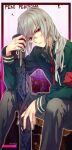  1boy artist_name bangs brown_pants character_name closed_mouth danganronpa_(series) danganronpa_2:_goodbye_despair genderswap genderswap_(ftm) glasses green_shirt grey_hair hand_up holding long_hair long_sleeves male_focus minikocul multicolored_background neck_ribbon pants pekoyama_peko red_armband red_ribbon ribbon serious shiny shiny_hair shirt sitting solo 