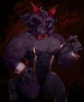  1_eye abs anthro biceps black_body blood bodily_fluids bow_tie bulge claws clenched_teeth clothed clothing demon demon_humanoid digital_media_(artwork) duo elden_ring english_text fromsoftware hi_res horn human humanoid looking_at_viewer male mammal mohg_lord_of_blood muscular muscular_male muscular_thighs nosebleed omen_(elden_ring) partially_clothed pecs pinup pose presenting serratus sharp_teeth simple_background size_difference spikes spikes_(anatomy) subliminalplums teeth text video_games 