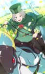  1boy belt bow bowtie cape green_cape green_headwear grey_eyes grey_hair hat_feather highres leaf long_sleeves looking_at_viewer male_focus official_art open_mouth otto_suewen outdoors patrasche_(re:zero) petals re:zero_kara_hajimeru_isekai_seikatsu red_bow red_bowtie smile 