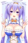  1girl amatsuka_bell blue_background blush breasts cleavage commission dress halo heart indie_virtual_youtuber large_breasts long_hair looking_at_viewer multicolored_background ok_sign open_mouth pointing purple_eyes purple_hair sanotsuki skeb_commission solo twintails virtual_youtuber white_background 
