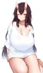  1girl ;/ absurdres barefoot blush breasts cleavage collarbone copyright_request hair_between_eyes highres horns huge_breasts long_hair looking_at_viewer naked_shirt off_shoulder one_eye_closed oni_horns shirt simple_background sitting solo suruga_(xsurugax) thighs very_long_hair white_background white_shirt yokozuwari 