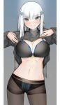  1girl black_bra black_panties blush bra breasts brown_legwear clothes_lift commentary_request cowboy_shot ekuesu eyebrows_visible_through_hair girls&#039;_frontline green_eyes grey_background hair_ornament highres hk416_(girls&#039;_frontline) large_breasts lifted_by_self long_sleeves looking_at_viewer navel nose_blush panties panties_under_pantyhose pantyhose shirt_lift smile solo standing thighband_pantyhose underwear white_hair 