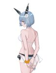  1girl absurdres arms_behind_back azur_lane bangs bare_back bikini blue_hair blue_nails breasts closed_mouth eyebrows_visible_through_hair feet_out_of_frame flower from_side gascogne_(azur_lane) gascogne_(tropical_environs_acclimation_service_equipment)_(azur_lane) hair_flower hair_ornament hairclip highres huangmao light_smile looking_at_viewer nail_polish official_alternate_costume short_hair sideboob solo standing swimsuit white_background white_bikini white_swimsuit yellow_eyes 