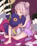  1girl absurdres bangs bare_legs barefoot blush button_eyes closed_mouth doll_hug flower full_body grey_hair hair_bun hair_ornament hair_ribbon harapeko_zombie_inu highres hololive long_hair looking_away murasaki_shion object_hug purple_flower purple_ribbon purple_shirt purple_skirt ribbon shiokko_(murasaki_shion) shirt shoes shoes_removed single_hair_bun sitting skirt sleeveless sleeveless_shirt stuffed_animal stuffed_cat stuffed_toy very_long_hair virtual_youtuber yellow_eyes 