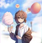  1boy 7himebdgd balloon black_jacket brown_eyes brown_hair candy child chromatic_aberration closed_mouth cloud cotton_candy eyebrows_visible_through_hair film_grain food hair_between_eyes heart highres holding holding_balloon holding_candy holding_food isoi_haruki jacket korean_commentary long_sleeves male_child male_focus open_clothes open_jacket outdoors saibou_shinkyoku shirt short_hair sky smile solo white_shirt 