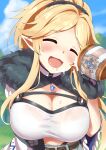  1girl :d ^_^ absurdres black_gloves blonde_hair blurry blurry_background blush breasts cleavage closed_eyes commentary_request crop_top cup day depth_of_field facing_viewer foam fur_trim gloves hand_up head_tilt highres holding holding_cup medium_breasts midriff mug navel outdoors ponytail princess_connect! ryuki_(ryukisukune) short_sleeves smile solo upper_body wide_sleeves yukari_(princess_connect!) 