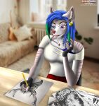  absurd_res anthro artist bedroom blue body bra breasts canid canine clothed clothing curvaceous curvy_figure cutefurry domestic_cat eyes fan_character felid feline felis female furry hair hi_res invalid_tag lips lucareelo mammal model opencommission photo pose red shirt shoftshade solo stripes suit t-shirt topwear underwear voluptuous 