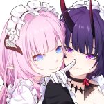  2girls artist_name bangs closed_mouth commentary_request elf elysia_(honkai_impact) gloves hair_between_eyes heads_together honkai_(series) honkai_impact_3rd horns long_hair looking_at_viewer luyue maid_headdress multiple_girls pink_hair pointy_ears purple_eyes purple_hair purple_pupils raiden_mei raiden_mei_(herrscher_of_thunder) signature simple_background smile touching upper_body white_background yuri 