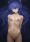  1girl ass_visible_through_thighs bangs black_background blue_bow blue_eyes blue_hair bow breasts collarbone completely_nude cowboy_shot dark debt eyebrows_behind_hair flat_chest hair_between_eyes hair_bow highres jewelry large_areolae long_hair looking_at_viewer navel ni_(221) nipples nude pussy ribs skinny small_breasts solo standing stomach thighs touhou very_long_hair yorigami_shion 