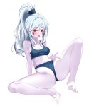  1girl :p absurdres bangs barefoot blue_bra blue_eyes blue_hair blue_panties blue_skin bra breasts cleavage closed_mouth colored_skin dota_(series) dota_2 drow_ranger_(dota) facepaint full_body highres long_hair looking_at_viewer navel panties ponytail red_eyes smile soles solo toes tongue tongue_out underwear white_background xiao_cai_miao 