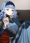  1girl absurdres bangs blue_hair blush breasts brown_eyes closed_mouth cup_noodle dress fire_emblem fire_emblem:_three_houses fire_emblem_warriors:_three_hopes food highres long_hair long_sleeves mari48240422 marianne_von_edmund solo upper_body 