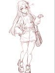  1girl absurdres bag casual clothing_cutout eyebrows_visible_through_hair full_body girls&#039;_frontline heart highres holding holding_bag long_hair long_sleeves monochrome one_side_up pencil_skirt peroronti scar scar_across_eye shirt shirt_tucked_in shoes shoulder_cutout simple_background skirt smile solo ump45_(girls&#039;_frontline) white_background 