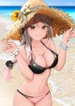  1girl bare_shoulders bikini black_bikini bow bracelet braid breasts brown_bow brown_eyes brown_headwear cat_hair_ornament cleavage closed_mouth collarbone cowboy_shot fingernails flower gibun_(sozoshu) gradient_hair grey_hair hair_ornament hands_on_headwear hands_up hat hat_bow hat_flower highres horizon jewelry large_breasts long_fingernails long_hair looking_at_viewer mismatched_bikini multicolored_hair nail_polish navel ocean original outdoors pink_bikini pink_hair single_braid smile solo stomach straw_hat sunflower swimsuit w_arms water white_nails yellow_flower 