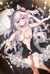  1girl animal_ears arm_up ass_visible_through_thighs black_dress blurry blurry_background blush breasts cable clothes_pull collarbone depth_of_field dog_ears dog_girl dog_tail dress dress_pull grey_hair hair_censor hair_over_breasts looking_at_viewer medium_breasts melonbooks navel no_panties outstretched_arm parted_lips pillow purple_eyes satsuki_misuzu solo tail thigh_gap 