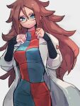  1girl android_21 blue_eyes breasts checkered_clothes checkered_dress closed_mouth dragon_ball dragon_ball_fighterz dress earrings glasses grey_background hair_between_eyes hoop_earrings jewelry kemachiku labcoat long_hair medium_breasts red_hair red_ribbon_army ring simple_background solo 