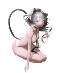  1girl absurdres animal_ears arknights bare_legs bare_shoulders between_breasts bikini breasts brown_eyes cat_ears cat_girl cat_tail cleavage closed_mouth collar full_body grey_hair highres large_breasts leaning_forward leash long_hair looking_at_viewer ponytail sayun_(5_to_16_) schwarz_(arknights) simple_background sitting solo swimsuit tail white_background white_bikini 