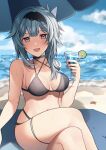  1girl absurdres aqua_hair bare_arms bikini black_bikini black_choker black_hairband blush breasts choker cleavage crossed_legs drink eula_(genshin_impact) genshin_impact gradient_eyes hairband highres holding holding_drink looking_at_viewer medium_breasts multicolored_eyes nerua ocean open_mouth pink_eyes short_hair smile solo swimsuit thighs 