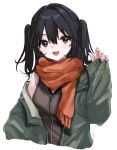  1girl bangs black_hair blush breasts brown_eyes eyebrows_visible_through_hair highres jacket kamisuiori kantai_collection long_sleeves looking_at_viewer medium_breasts off_shoulder official_alternate_costume open_clothes open_jacket open_mouth orange_scarf scarf sendai_(kancolle) signature simple_background sleeves_past_wrists solo two_side_up white_background 