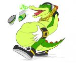  anthro blitzit burping burping_up_objects clothing crocodilian eyes_closed footwear gloves green_body handwear headphones jewelry male necklace reptile scalie sega shoes solo sonic_the_hedgehog_(series) vector_the_crocodile vore vorefan16 watermark 