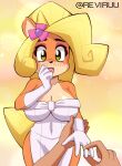  absurd_res activision anthro big_breasts blonde_hair blush breasts cleavage clothed clothing coco_bandicoot crash_bandicoot_(series) digit_ring dress duo faceless_character faceless_male female fur green_eyes hair hi_res human human_on_anthro interspecies jewelry male male/female mammal reviruu_(artist) ring thick_thighs video_games wedding wedding_dress wedding_ring 
