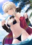  1girl apron artoria_pendragon_(alter_swimsuit_rider)_(fate) artoria_pendragon_(fate) bangs beach bikini black_bikini black_jacket black_ribbon black_skirt blonde_hair blush braid breasts choker cleavage fate/grand_order fate_(series) french_braid frilled_choker frills hair_bun hair_ribbon highres hood hooded_jacket jacket long_hair long_sleeves looking_at_viewer maid_bikini maid_headdress medium_breasts navel neko_daruma ocean open_clothes open_jacket ribbon sidelocks skirt solo swimsuit thighs wading waist_apron white_apron yellow_eyes 