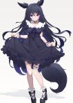  1girl absurdres animal_ears bangs black_collar black_dress black_hair blue_eyes blush bow bowtie closed_mouth collar commission dress fox_ears frilled_dress frilled_legwear frills hair_between_eyes highres hinata_(user_rjkt4745) long_hair looking_at_viewer original purple_bow purple_bowtie purple_eyes skeb_commission skirt_hold solo standing white_background white_legwear 