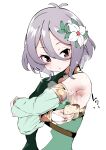  1girl absurdres armpits bare_shoulders detached_sleeves flower grey_hair hair_between_eyes hair_flower hair_ornament highres kobo_(cobo_0609) kokkoro_(princess_connect!) open_mouth pointy_ears princess_connect! purple_eyes short_hair simple_background solo sponge sweat white_background 