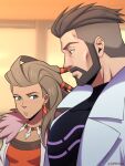  1boy 1girl artist_name beard black_bodysuit bodysuit closed_mouth earrings facial_hair from_side fur_trim jewelry labcoat large_pectorals long_hair looking_at_another meme muscular muscular_male necklace open_clothes open_labcoat parted_lips pectoral_envy_(meme) pectoral_focus pectorals pokemon pokemon_(game) pokemon_sv sada_(pokemon) short_hair turo_(pokemon) undercut zapphier 