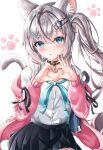  1girl :o absurdres animal_ear_fluff animal_ears bangs bell belt_collar black_ribbon black_skirt blue_bow blue_bowtie blue_eyes blue_nails blush bow bowtie breasts cat_ears cat_girl cat_tail cleavage collar eyebrows_visible_through_hair grey_hair hair_between_eyes hair_intakes hair_ornament hair_strand hairclip hands_up heart heart_hands highres hood hoodie long_hair long_sleeves looking_at_viewer miniskirt nail_polish neck_bell nekoya_minamo off_shoulder open_clothes open_hoodie original paw_hair_ornament paw_print paw_print_background pink_hoodie pleated_skirt ribbon shirt side_ponytail simple_background skirt solo tail tail_raised uniform upper_body white_background white_shirt 