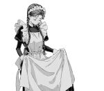  1girl apron bangs braid collared_dress cowboy_shot dress eyelashes facing_down frilled_apron frills greyscale hair_over_shoulder highres juliet_sleeves kgeroua long_hair long_sleeves maid maid_apron maid_headdress monochrome original puffy_sleeves simple_background skirt_hold solo standing twin_braids twintails 