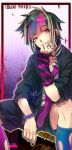  1boy artist_name bangs bead_bracelet beads belt black_belt black_hair black_jacket blue_hair blue_legwear bracelet character_name danganronpa_(series) danganronpa_2:_goodbye_despair ear_piercing genderswap genderswap_(ftm) hand_up jacket jewelry kneehighs legs_apart long_sleeves looking_at_viewer minikocul mioda_ibuki multicolored_background piercing pink_eyes pink_hair pink_legwear purple_hair ring short_hair shorts smile solo torn_clothes torn_legwear white_hair 