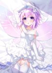  1girl :o arm_up armpits bangs bed_sheet binato_lulu blush breasts commentary dress elbow_gloves eyebrows_visible_through_hair fairy_wings garter_belt gloves hair_between_eyes hair_ornament highres jewelry looking_at_viewer lying necklace neptune_(neptune_series) neptune_(series) on_back purple_eyes purple_hair short_hair signature small_breasts solo thighhighs veil wedding_dress white_dress white_legwear wings 