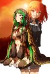  2girls bangs black_skirt blood blood_in_hair blood_on_clothes blood_on_face blood_on_hands breasts closed_mouth crossed_bangs fate/grand_order fate_(series) fujimaru_ritsuka_(female) green_hair grey_skirt hair_ornament kneeling large_breasts long_hair long_sleeves multiple_girls oiun open_mouth orange_eyes orange_hair purple_eyes salome_(fate) side_ponytail skirt smile 