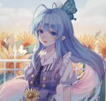  1girl big_eyes butterfly_hair_ornament cloud collared_dress douluo_dalu dress flower hair_ornament jiu_zui_lan_qin_rao_yin_shuang long_hair multicolored_hair necktie ribbon short_sleeves sky smile solo sparkle sunflower tang_wutong_(douluo_dalu) upper_body 