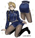  1girl adapted_costume aiguillette amestris_military_uniform arm_support ass bangs black_footwear blonde_hair blue_skirt blush boots breasts brown_eyes clothes_lift cropped_legs cropped_torso earrings folded_ponytail fullmetal_alchemist highres jewelry knee_boots kneeling large_breasts lifted_by_self long_sleeves looking_at_viewer military military_uniform miniskirt multiple_views ozaki_(tsukiko3) pantyhose pencil_skirt riza_hawkeye short_hair skirt skirt_lift solo sparkle stud_earrings uniform updo white_background 