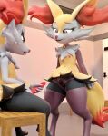  absurd_res anthro arm_warmers armwear blender_(software) bodily_fluids braixen chest_tuft clothing collar duo female flat_chested genital_fluids genitals hi_res inner_ear_fluff legwear male male/female masturbation nintendo panties pok&eacute;mon pok&eacute;mon_(species) precum presenting presenting_pussy pussy sitting sneakyphox stockings teasing tongue tongue_out tuft underwear video_games 