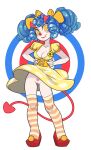  +_+ 1girl blue_hair bottomless bow breasts cleavage cleft_of_venus clown demon demon_girl demon_horns demon_tail dress hair_bow happy highres horns lipstick makeup original polka_dot polka_dot_dress pubic_tattoo smile tail tattoo the_pink_pirate thighhighs upskirt yellow_dress yellow_eyes 