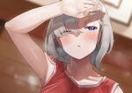  1girl arm_over_head arm_up armpits bangs blurry blurry_background blush covering_eyes frikulu from_below grey_hair hair_over_one_eye indoors jersey looking_to_the_side one_eye_closed original parted_lips purple_eyes sleeveless sportswear steam sweat sweaty_clothes 